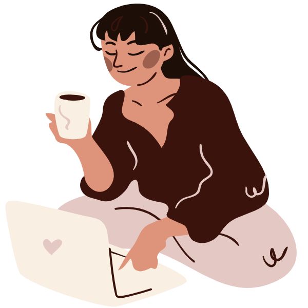 woman drinking coffee while reading about self-love habits on a laptop