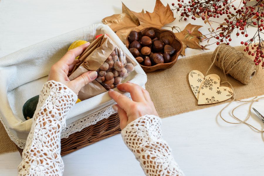 taking out nuts from a basket for autumn meal planning