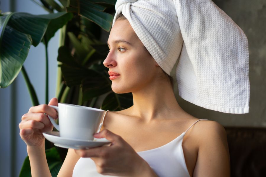 woman in white camisole drinking from a white cup in saucer, with her head wrapped in a white towel