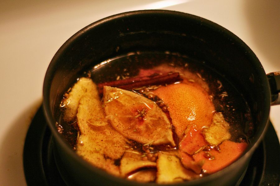simmer pot with orange, cinnamon sticks, cloves, apples, vanilla, and water
