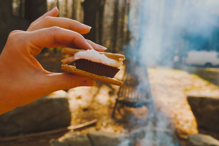 a hand holding a s'more with bonfire in background