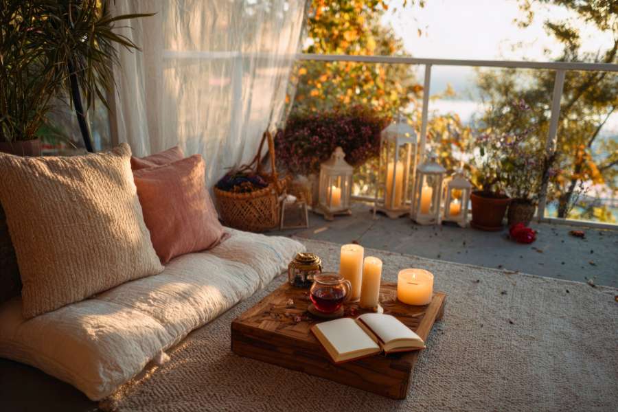 cozy corner in balcony with cushions and floor mattress, candles, tea, and book on a track