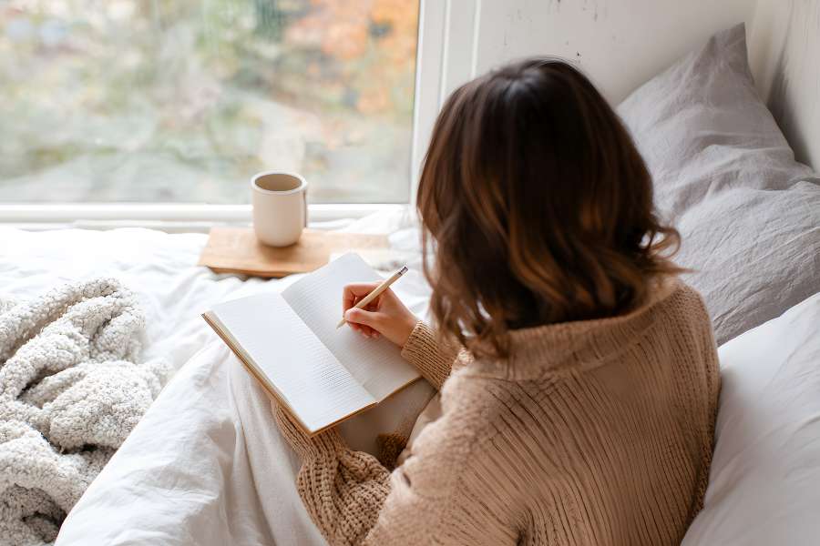 woman in bed wearing beige sweater, covered in blankets, writing in a journal, sitting next to window