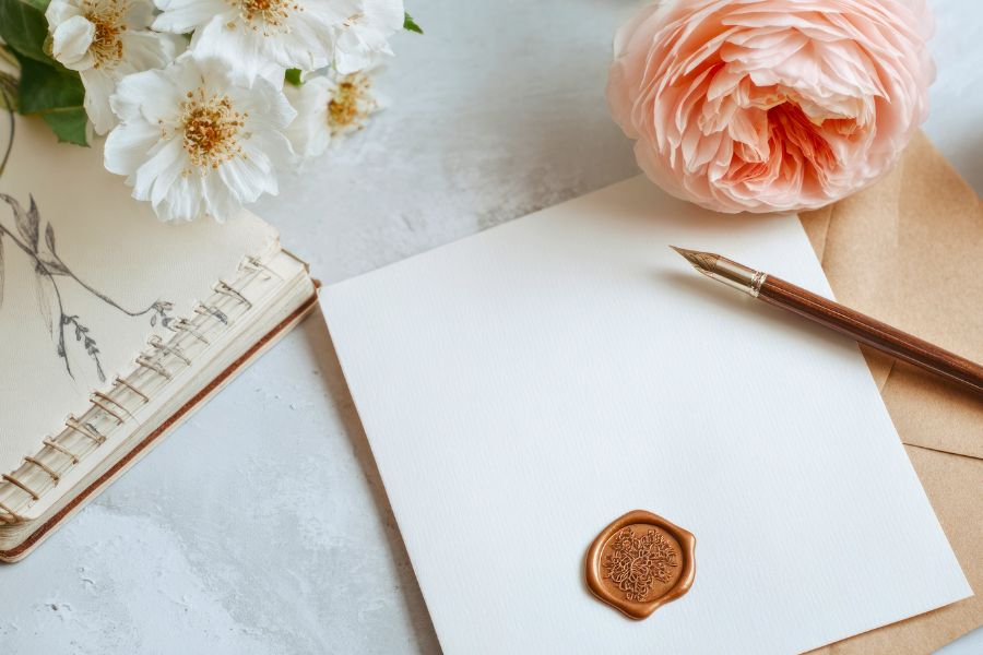 letter with stamp, pen, rose and white flowers