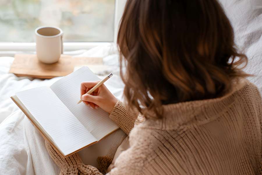back view of a woman writing in a blank ruled notebook, sitting in bed, in front of a window