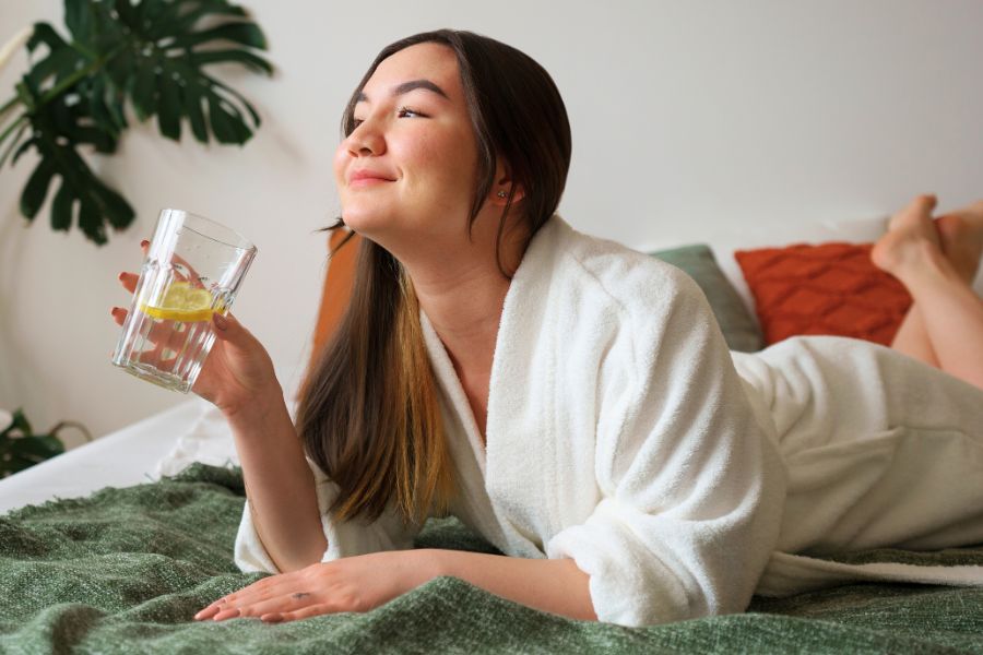smiling woman in white robe, lying on stomach in bed on green sheets, holding lemon water glass in hand
