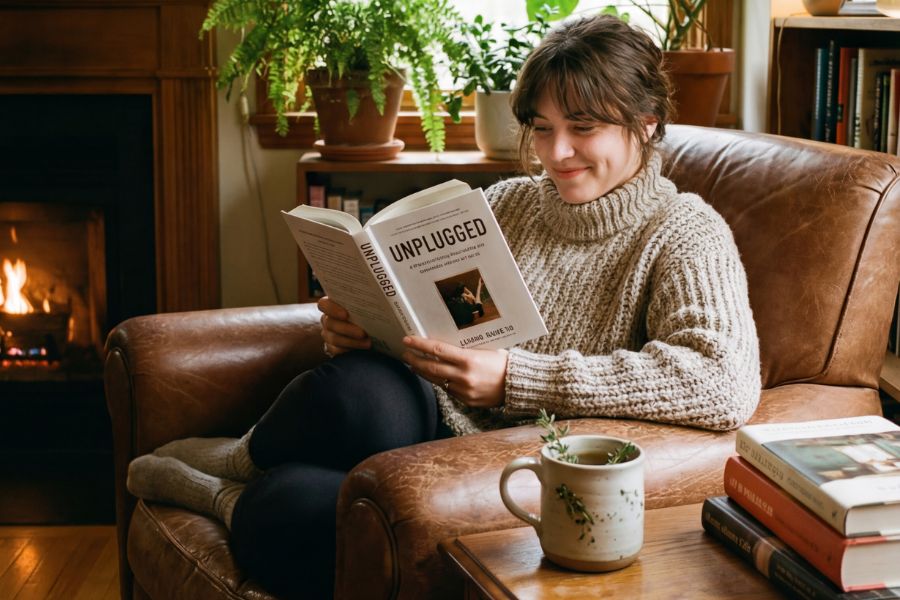 woman in a beige sweater sitting in brown recliner, reading book called 'Unplugged' while smiling